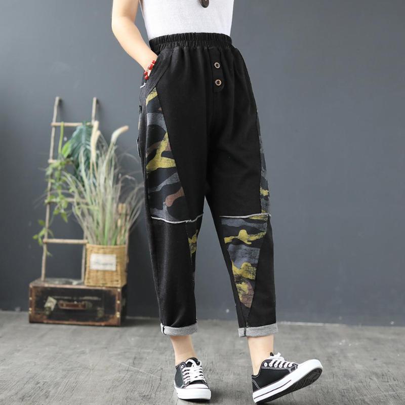 

Women Denim Jeans Fashion Spring Patchwork Harem Pant Female Elastic Waist Vintage Streetwear Hip Hop Lady Ankle Length Trousers, Yellow black
