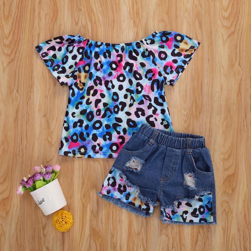 

New Two-piece Children Leopard Outfit Girls Short Sleeve T-shirt Denim Shorts Set, As pic