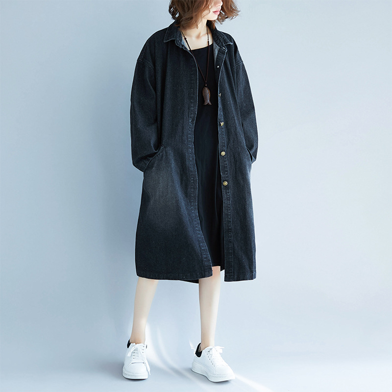

Loose Jacket 2020 New Spring and Autumn Denim Windbreaker Single-breasted Knee-length Overcoats Plus Size Casual Jeans Trench, Black