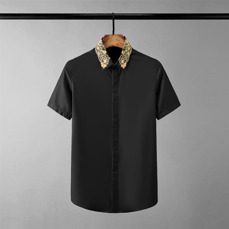 

New Black White Mens Shirts Luxury Gold Embroidery Collar Short Sleeve Mens Dress Shirts Plus Size 4xl Slim Fit Male