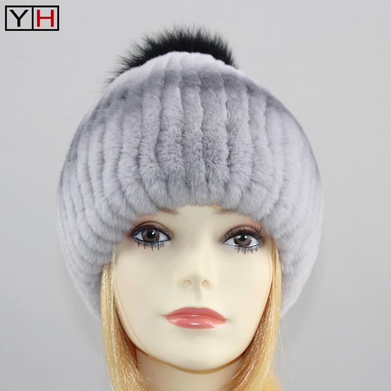 

Winter Lady Natural Rex Fur Hat Striped design Women Real Rex Fur Cap Big Ball Real Knitted Caps, Color 4
