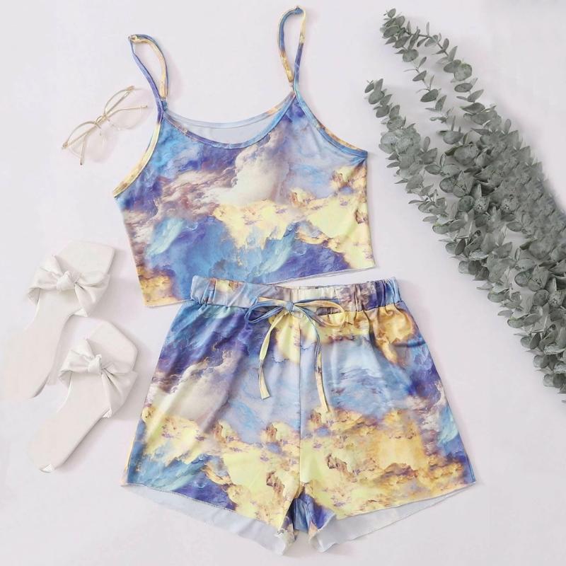 

Women 2 Pieces Set Wrap Ruched Sexy Women Spaghetti Strap Cami and Mini Skirt Elastic Waist Lace Up Tie-dye Summer woman Sets#3, Green