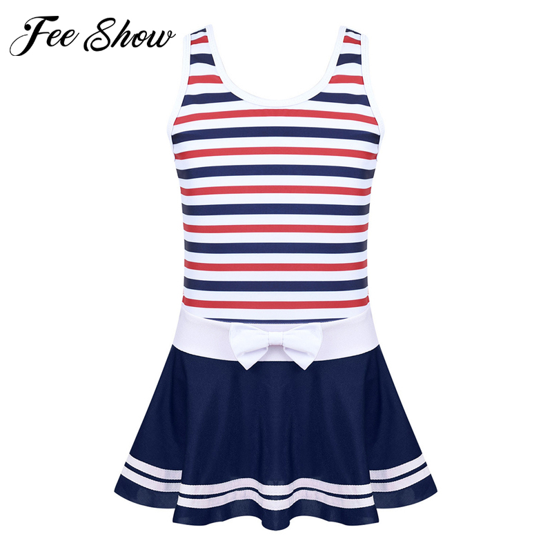 

Teen Girls One-Piece Striped Bow Splice Swimming Costume Swim Dress, Red