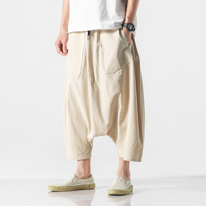 

5XL men yoga pant linen wide leg loose harem crotch pant baggy running jogger fitness gym workout casual track activewear, Black