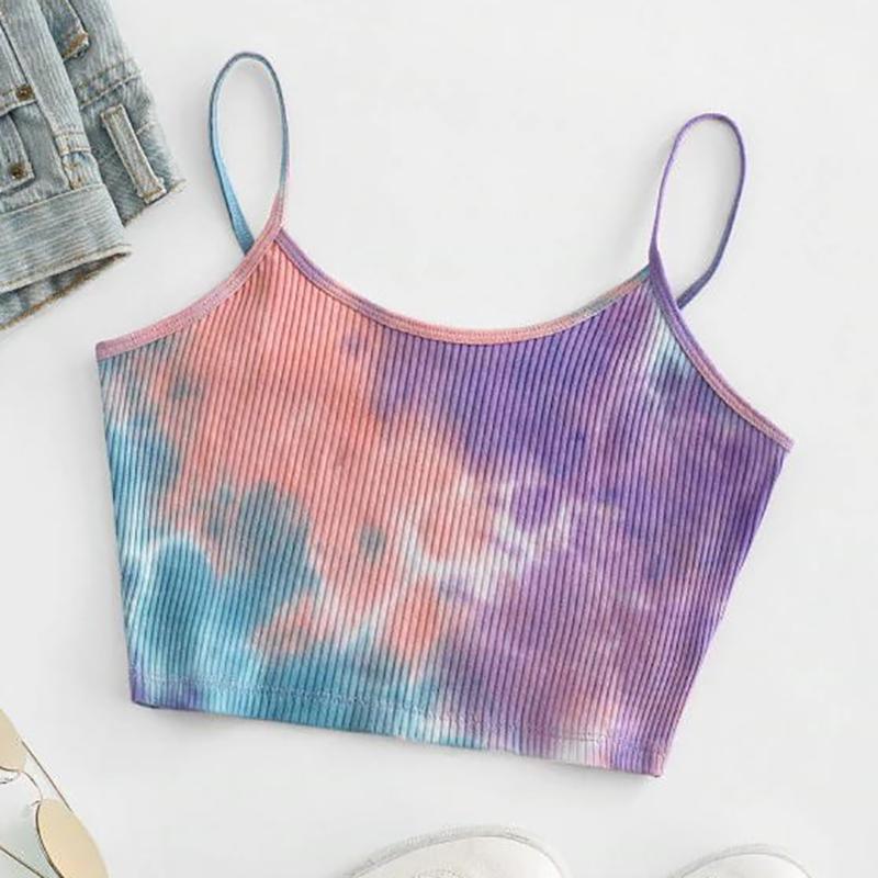 

Tie Dye Print Strappy Vest for Women Summer Casual Ribbed Crop Tops Camis Fashion Sports Bras Female Sports Tanks, Black
