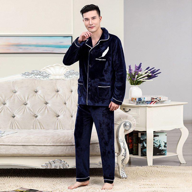

Men Winter Thick Coral fleece Pajamas set Warm Soft pijama hombre Sleepwear Pijama Flannel Homme Nightwear Pyjamas, White feather 1