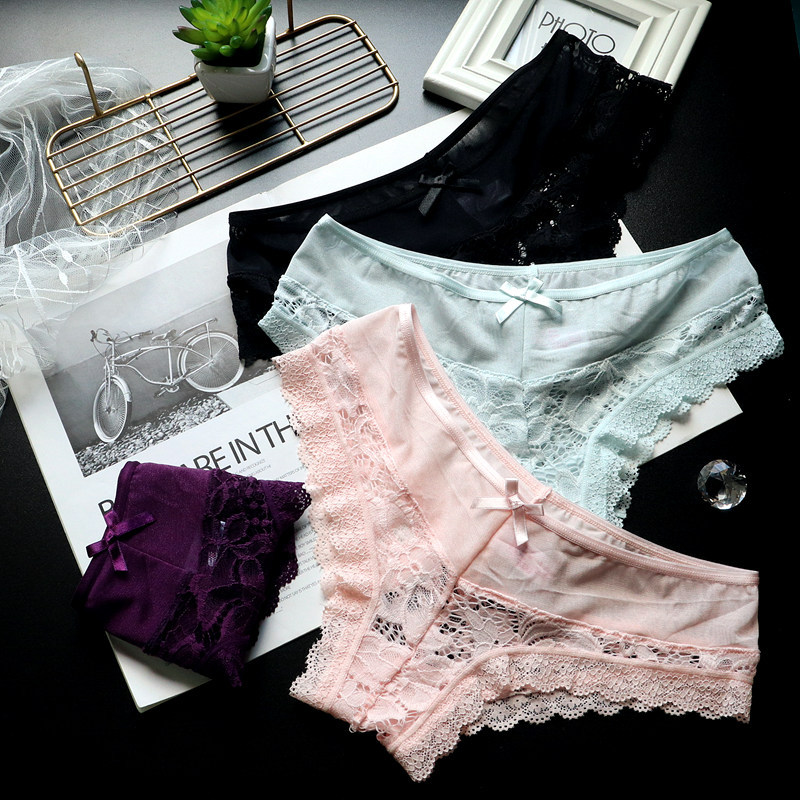 

European and American low waist mesh stitching lace transparent ladies panties feminine cotton file women's briefs, Black