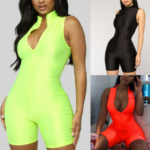 

Women' Summer New Fashion Solid Short Romper Playsuits Sexy Skinny V-neck Zipper Sleeveless Female Playsuit, Black