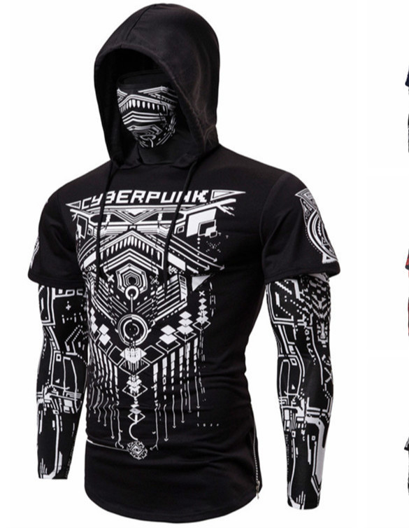 

E-Baihui 2020 Fitness Men' Fake Two-piece T-shirt Cyberpunk Ninja Suit Hooded Long-sleeved T-shirt Mask Riding 1815-G13, Black