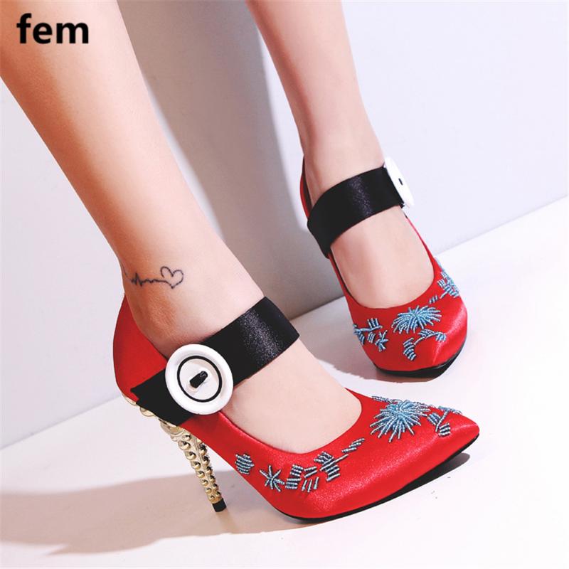 

String Bead Embroider Pumps With Spikes Metal Heels Silk Women Shoes Circle Buttons Ankle Trap High Heels Elegant Mujer Bombas, Black