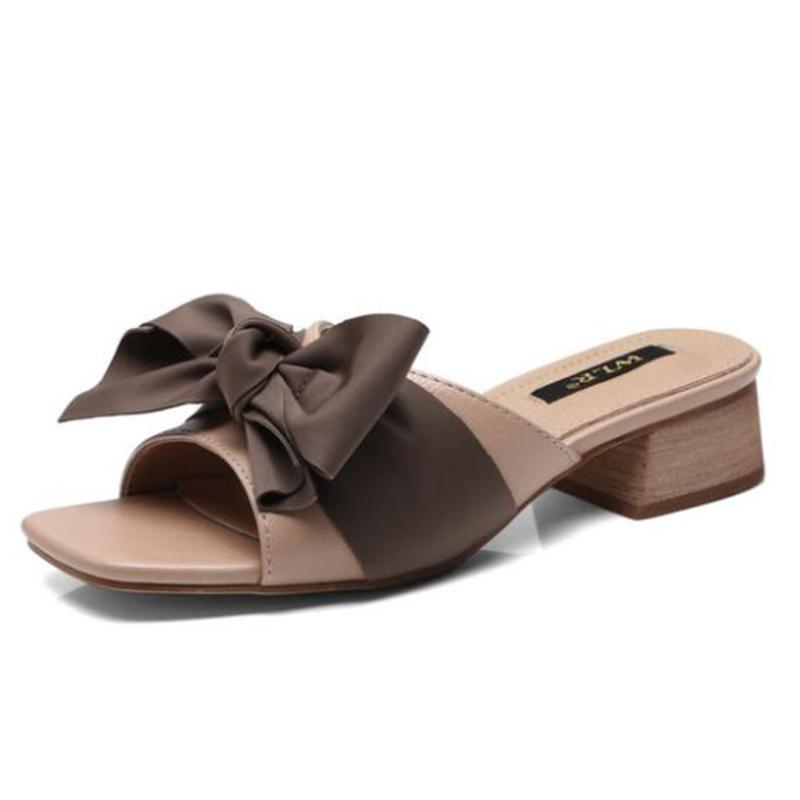 

New Women's Sandals fashion Bow Thick heel Open Toe Slipper Summer Shoes Women Sexy Party casual Beach Female Footwear sh456, Beige