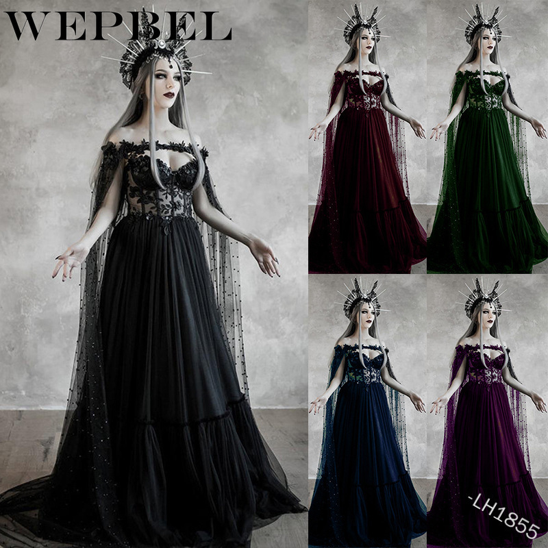 

Casual Dresses WEPBEL Lace Off-the-shoulder Queen Gown Cosplay Costume Maxi Dress -5XL Plus Size Women Medieval Renaissance Dress, Black