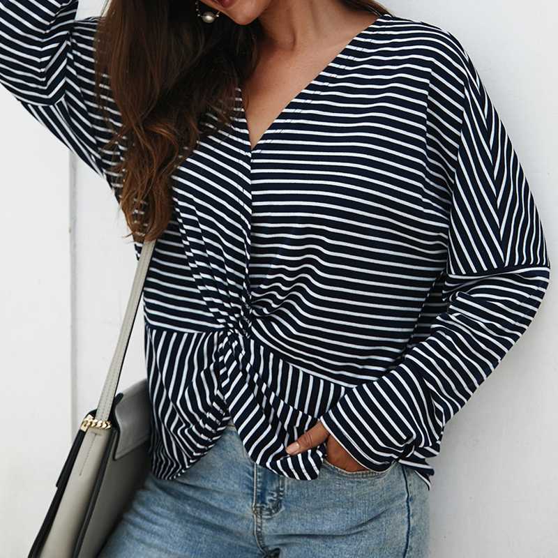 

Women T-Shirts Tops Long Batwing Sleeve Sexy V-Neck Striped Tshirts Spring Autumn Pullovers Fashion Casual Knot Loose Tee, Army green