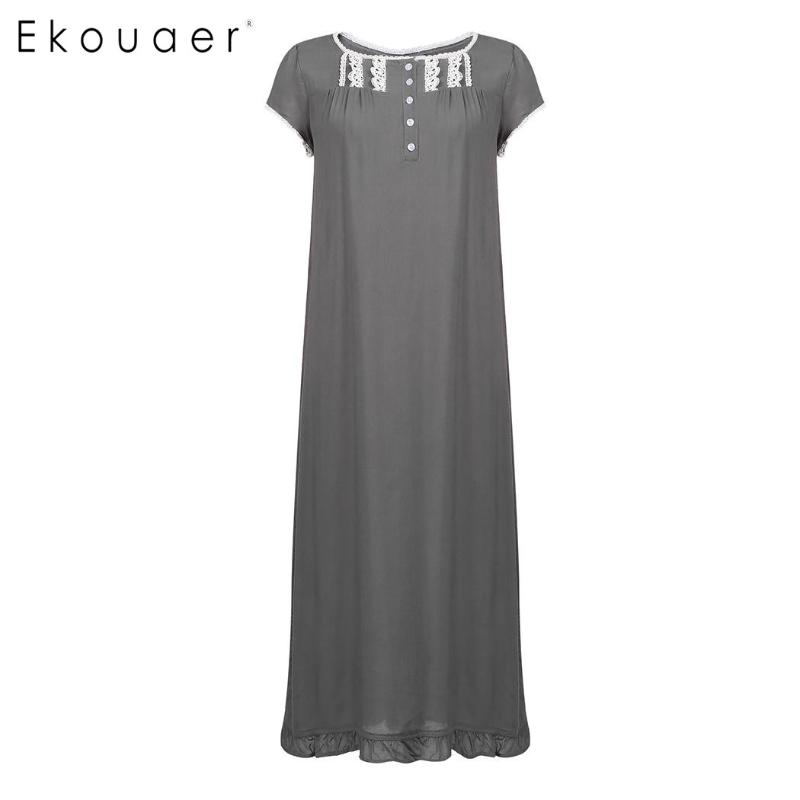 

Ekouaer Summer Women Sleepwear Short Sleeve Lace Sleep Dress Trim Front Button Ruffles Hem Loose Nightgown Female Nightwear, Black