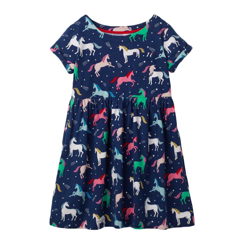 

Little Maven New Summer Kids Sweet Colorful Horses Printed O-neck Girls 2-7yrs Short-Sleeved Cotton Knitted Casual Dresses, Blue