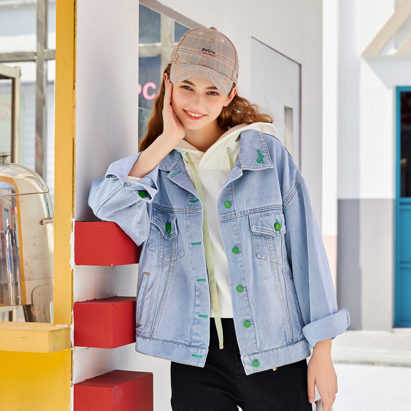 

Zoki Chic Women Denim Coat Spring Autumn Lady Jeans Jacket Korean Turn Down Button Slim Fashion Long Sleeve Streetwear Outwear, Blue