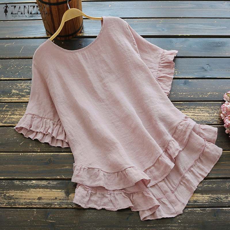

ZANZEA 2020 Kaftan Ruffle Shirts Women' Summer Blouse Casual Half Sleeve Blusas Female O Neck Solid Tunic Plus Size Tops -5XL, Pink