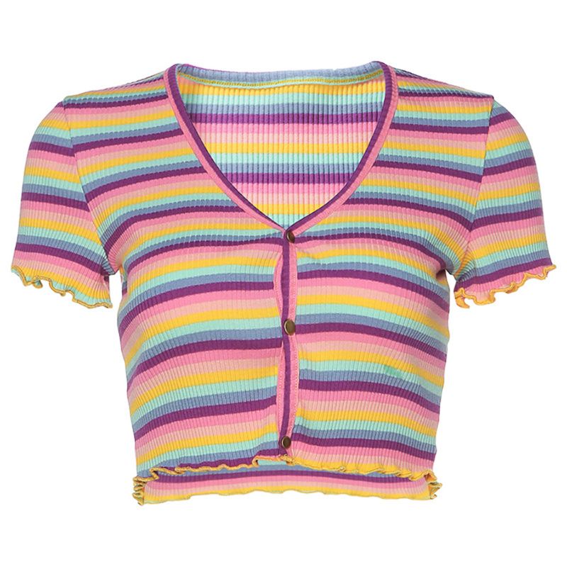 

Women Summer Short Sleeve Ribbed T-Shirt Rainbow Striped Ruffles Trim Crop Top Sexy V-Neck Buttons Front Slim Cardigan, 1pc