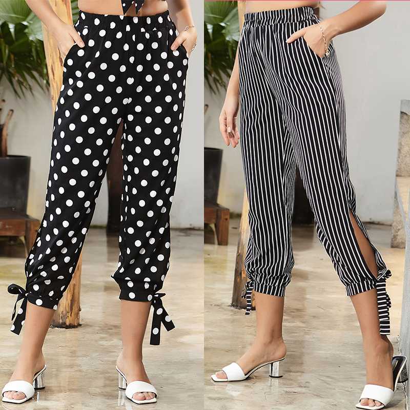 

New All-match Casual High Waist Stripe Print Pants Women Summer Straight Loose Fashion Nine points pants Lace up Femme 202, Black stripes