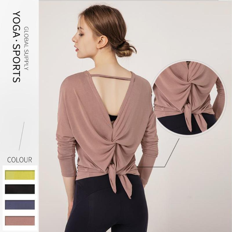 

Pure Color Beauty Back Open fork Yoga Coat Quick-drying Long-sleeved Exercise Running Workout Clothes. Lady, Black