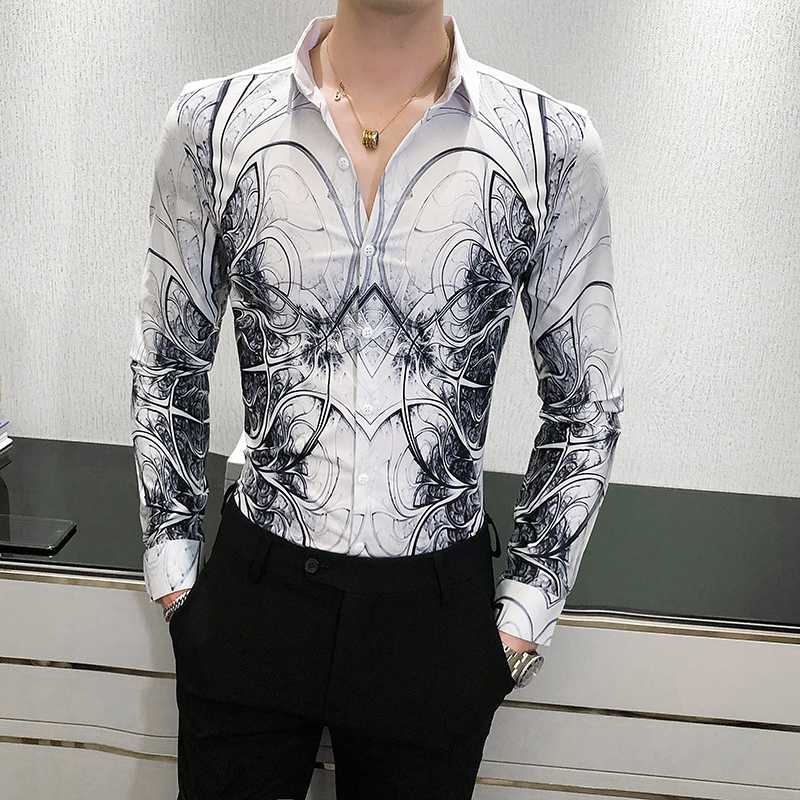 

3D Print Luxury Men Shirts Slim Fit Streetwear Long Sleeve Casual Shirt Social Party Nightclub Tuxedo Blouse Camisas Para Hombre, Black