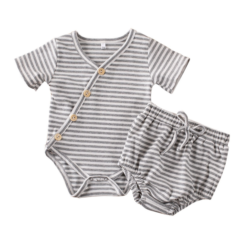 

Summer 0-18M Newborn Baby Boy Girl Cotton Outfits Striped Ribbed Romper Tops Shorts Pants 2Pcs Clothes Set, Gray