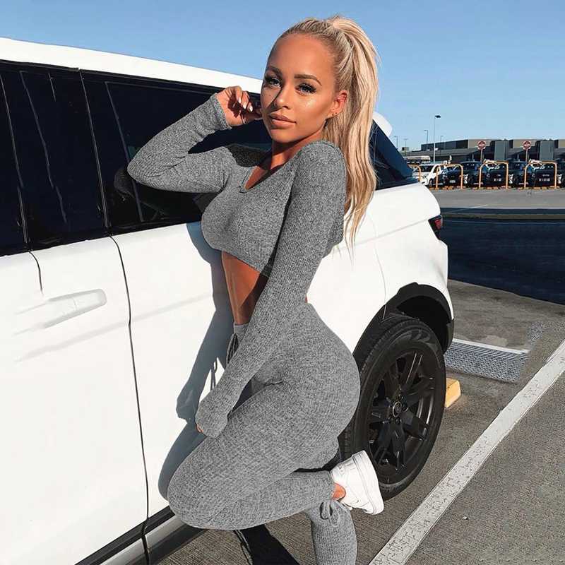 

spring 2020 women' clothing Sexy V Neck Knitted Tracksuit Two Piece Set Long Sleeves Crop Tops Pants 2 Piece Outfits For Women, 3479 khaki