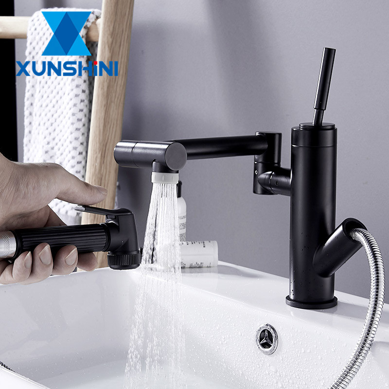 

XUNSHINI Pull Out Faucet Bathroom 360 DegreeBasin Faucet Single Hole Mixer Tap Deck Mounted Hot And Cold Tap Sink Brass