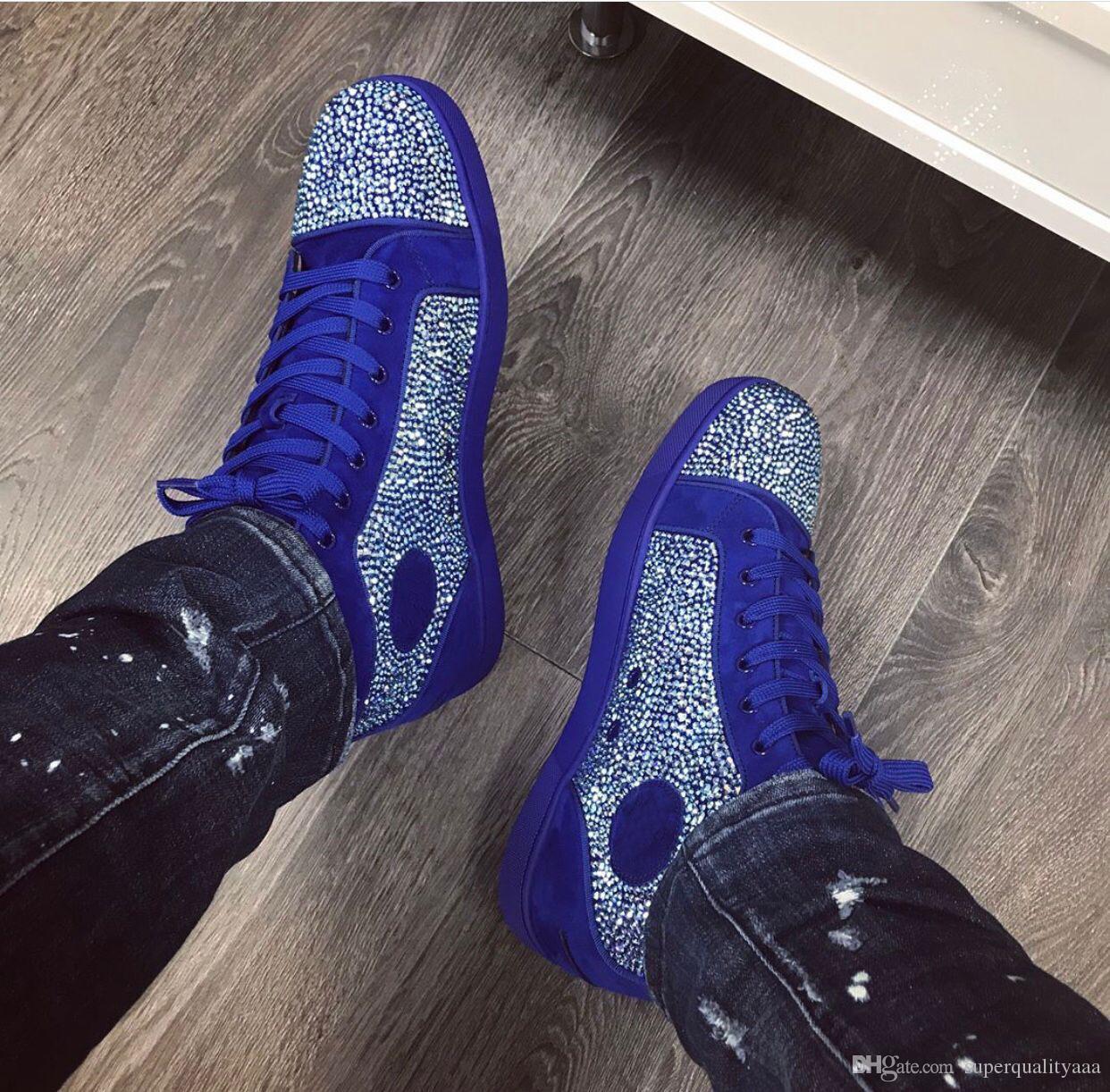 

Super Quality Casual Shoes Blue Strass Suede Leather Sneakers Classic Brand Men Women Red Bottom Shoes Fashion Man Skateboard sneaker 35-47, Black