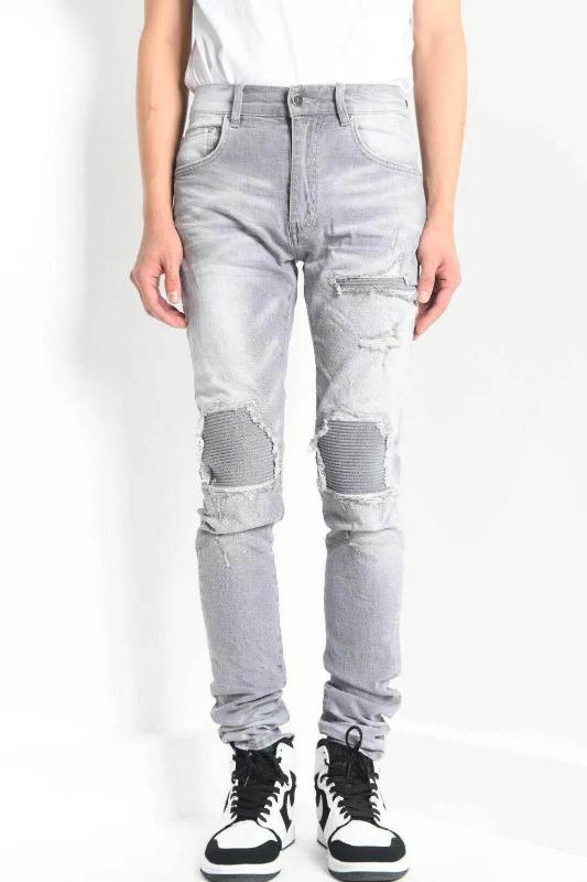 

men ribbed patch distressed skinny lt grey denim jean, As pic