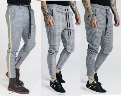 

Men Drawstring Pants Fashion Tide Brand Casual Pants Men Pencil Plaid High Elastic Business Casual, 01