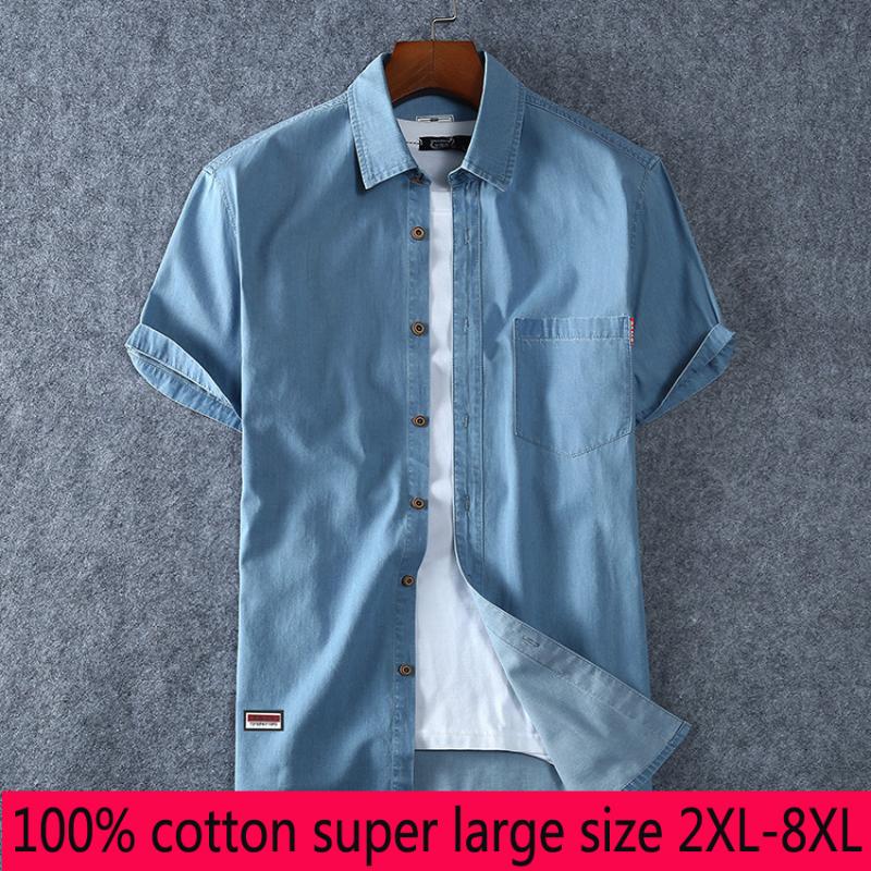 

New Arrival Fashion 100% Cotton Denim Short Sleeve Men Summer Casual Thin Single Breasted Casual Shirts Plus Size -6XL 7XL 8XL, Blue
