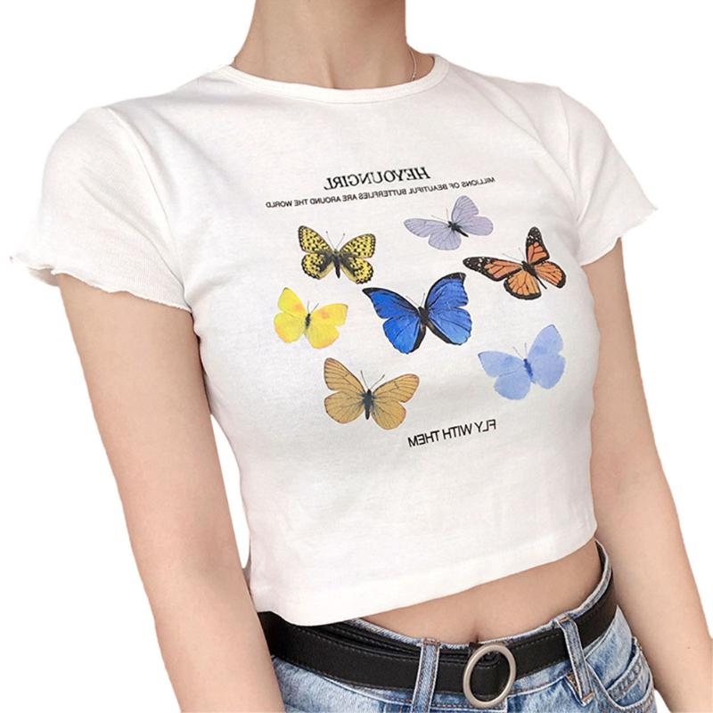 

Butterfly Printed Women Crop Tops Crew Neck Letter Short Sleeve Tees Navel Crop Top T-shirts, White