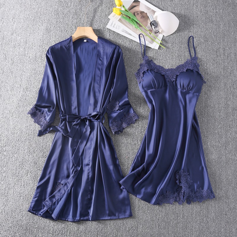 

Silk Rayon Kimono Bathrobe For Women Bride Bridesmaid Wedding Robe Set Sexy Lace Trim Sleepwear Casual Home Clothes Nightwear, Navy blue nighty