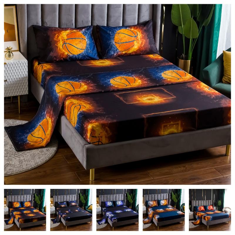 

3/4pcs Sheet Set Ball Games Printing Bedding Set Soft Bed Fitted Sheet Flat Pillowcase  Full Queen King
