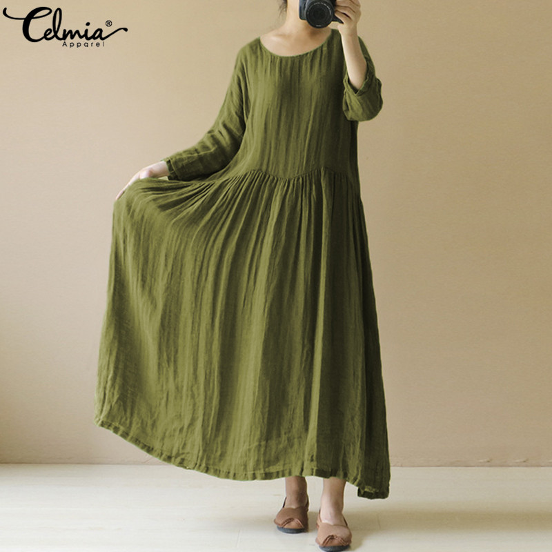 

Celmia Dress Women Vintage Solid Maxi Long Dress Autumn Long Sleeve Casual Loose Shirt Dresses Fashion O-neck Plus Size Vestidos, Black