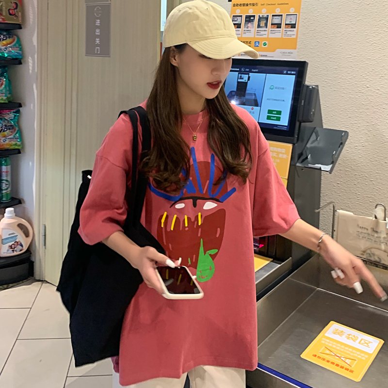 

Women's Japanese-Style Short-Sleeved T-shirt Women's Loose Korean-Style Lazy Wind Disco Hip-hop, Red