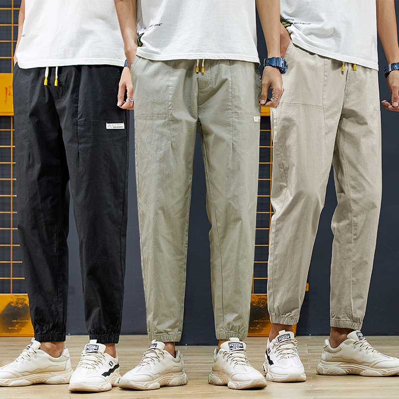 

2020Men's Harem Pants Cotton Joggers Men Solid Summer Fitness Casual Ankle-Length Mens Trousers Streetwear Slim Male Pants black