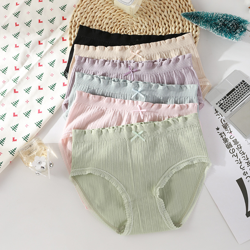 

Comfortable Panties Woman Sexy Lace Briefs Fashion Solid Color Knickers Girls Mid Waist Seamless Bow Underpants Underwear, Apricot