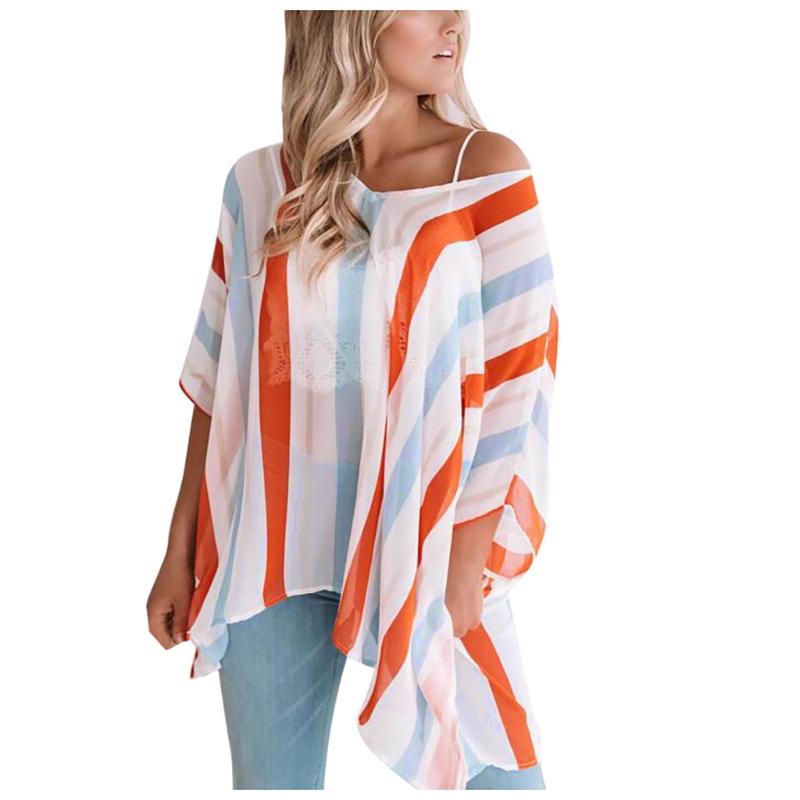 

Women Blouse O-neck Striped Print 3/4 Sleeve Chiffon Shirts Casual Blouses Loose Elegant Shirts Blouses Blusas Roupas Femininas, Blue