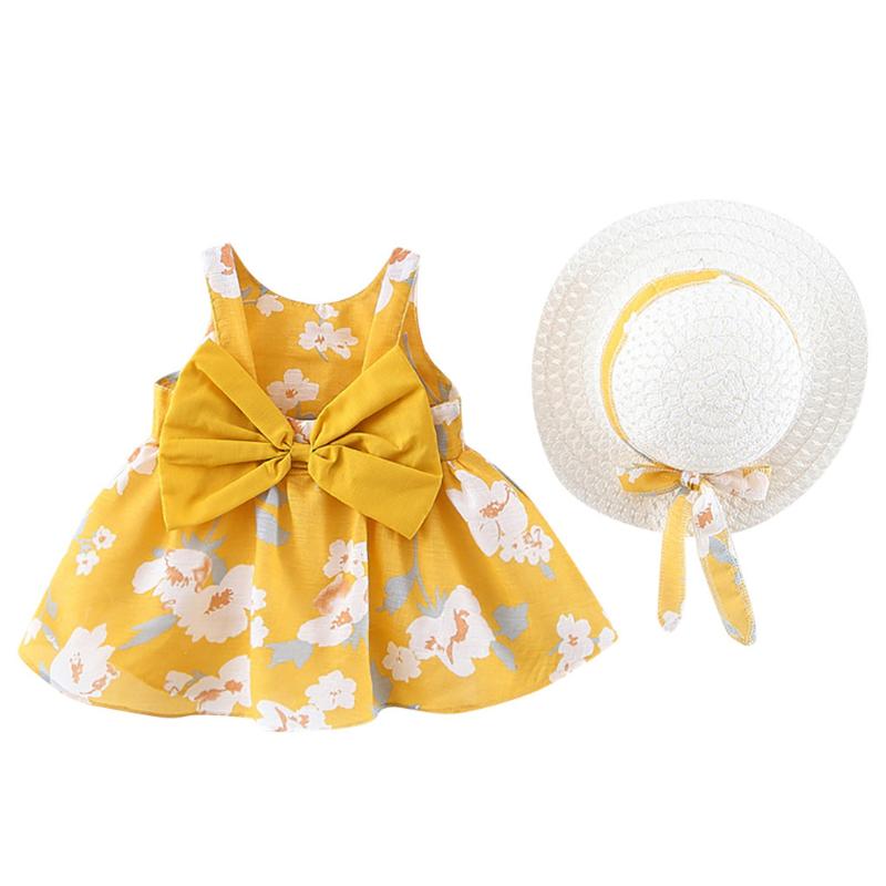 

Toddler Baby Kids Girls Floral Flowers Sleeveless Princess Dress Summer Sun Hat+ Baby Girls Dress 2pcs Outfits Girl Clothes, White