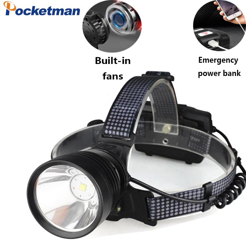 

50W Xhp90 USB Rechargeable LED headlamp With Built-in Cooling Fan Headlight Zoomable Use 3* 18650 Rchargeable Battery Head Torch