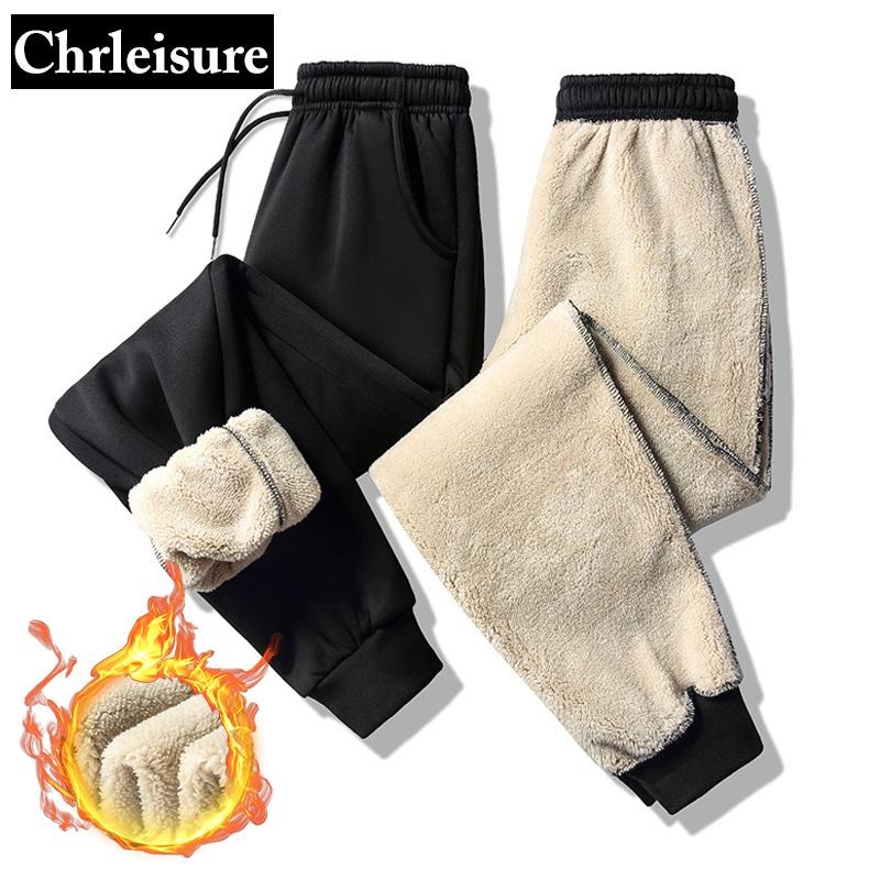 

CHRLEISURE -7XL Thicken Pants Men's Lamb Cashmere Warm Trousers Casual Slim Solid Color Sports Winter Pants, Black