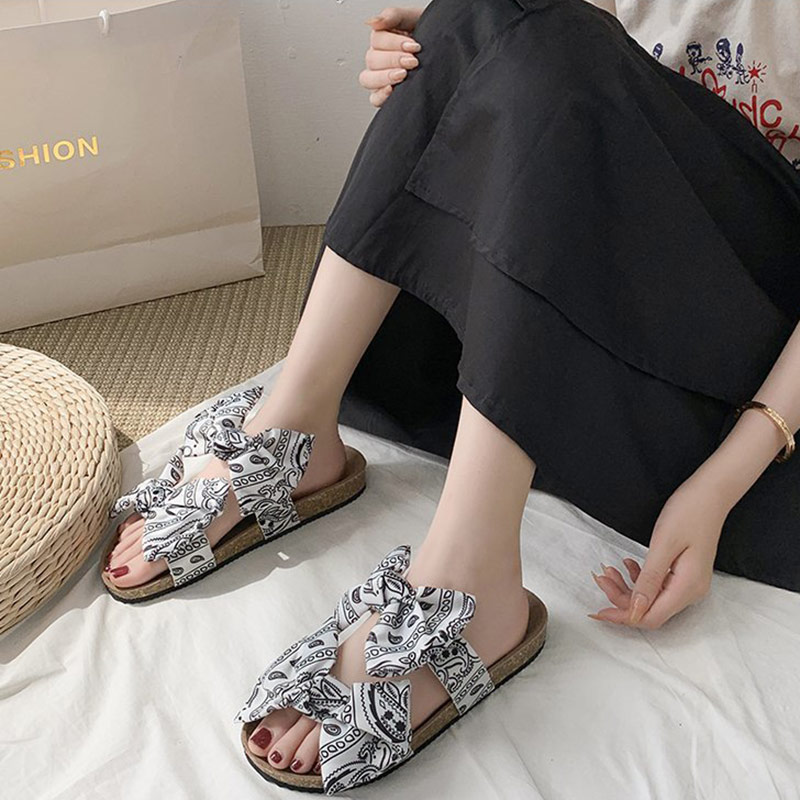 

Women shoes Bohemia Beach designer slippers women summer silk Bow femmes sandales printing platform Flip Flops zapatos de mujer, Black