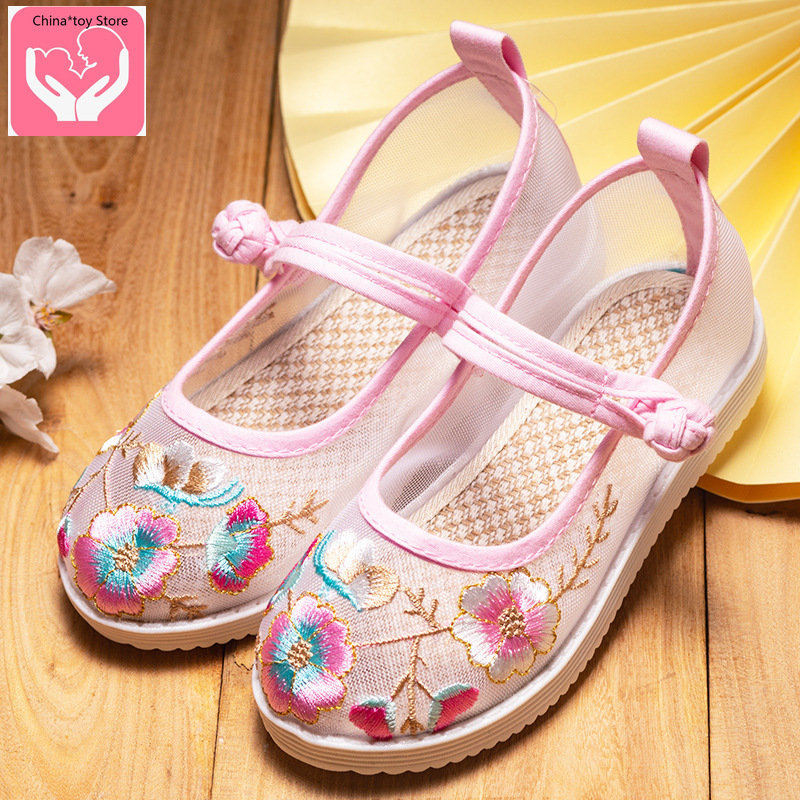 

Girls Sandals, Embroidered Shoes, Hanfu Children's Shoes, Summer Costumes, Ethnic Mesh, Chinese Style Cloth Shoes, White