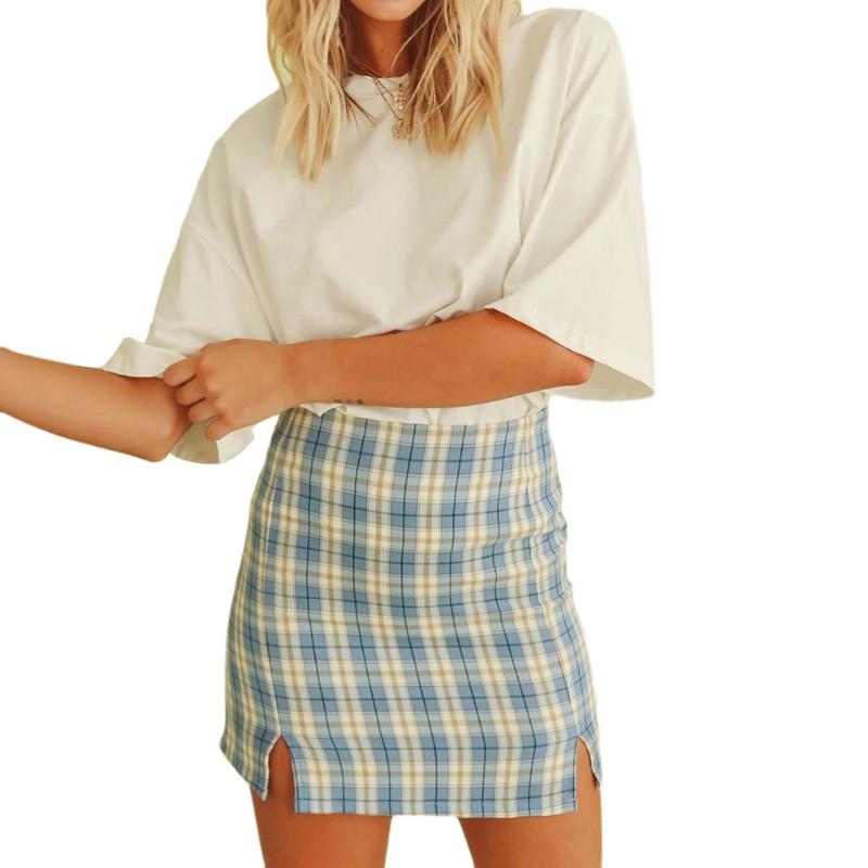 

New Fashion Women Ladies Summer Casual High Waist Plaid Skirt Female Zipper Back Bodycon Split Mini Skirt Blue Orange, Red