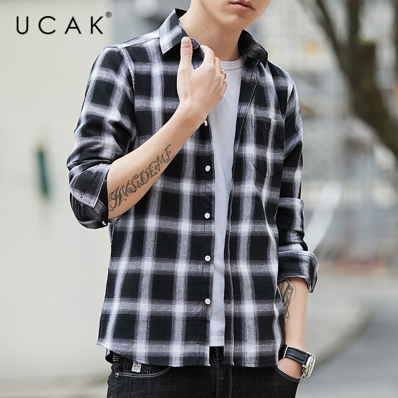 

UCAK Brand Streetwear Style Shirts Men's Clothing Long Sleeve Pure Cotton Shirt Homme Autumn Spring Casual Plaid Clothes U6090, Gray