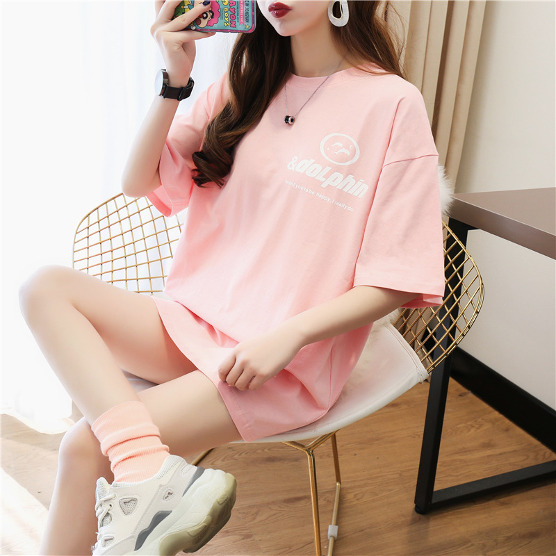 

Women Summer Fashion Hip-hop Style Loose T-shirt Wild Dolphin Printed Short Sleeve Bottoming Shirt, Black