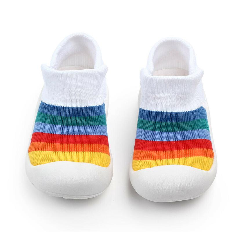 

Newborn Infant Baby Girls Soft Sole Crib Shoe Sneaker Rainbow Anti-Slip Breathable Casual Flying Woven Shoes, White