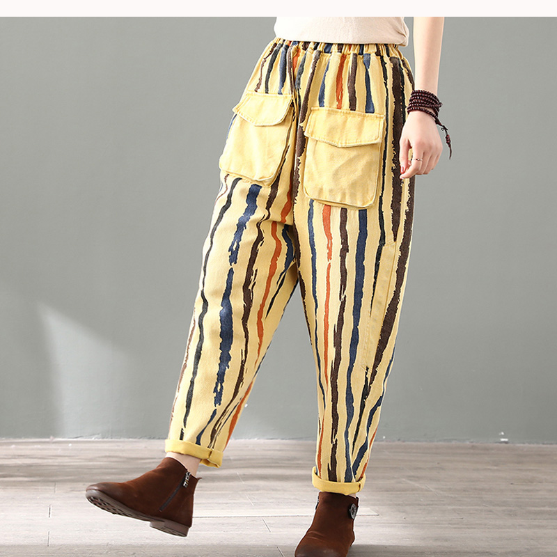 

Women Denim Pants Bottom Jeans Trousers Big Loose Bleached Patchwork Striped Casual Fashion for Spring Summer AZ20331629, Black